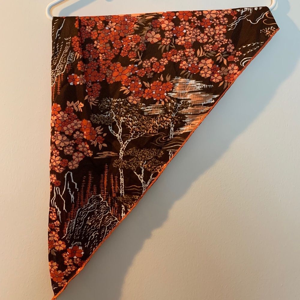 Vintage Fashion Scarf Brown Orange Botanical Print 60s 70s Triangular Retro Boho